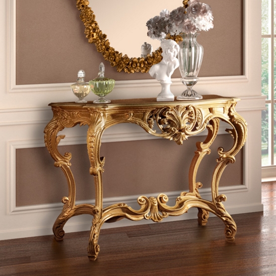 La Fenice arany színű intarziás konzol asztal